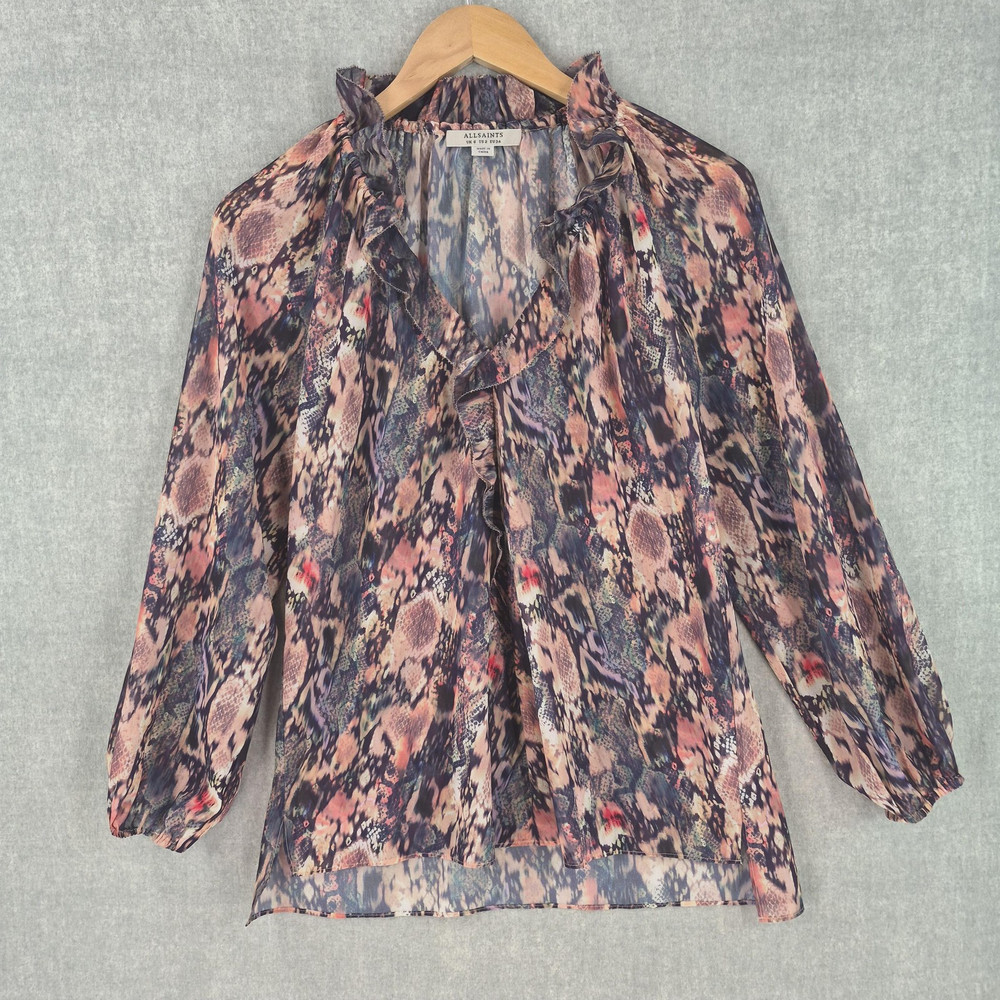 AllSaints Nylah Masala Blouse Womens 2 Multicolor Animal Print Ruffle Sheer Top