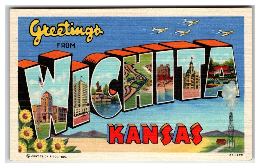 Greetings From Wichita Kansas Large Letter Linen Postcard Curt Teich Airplanes