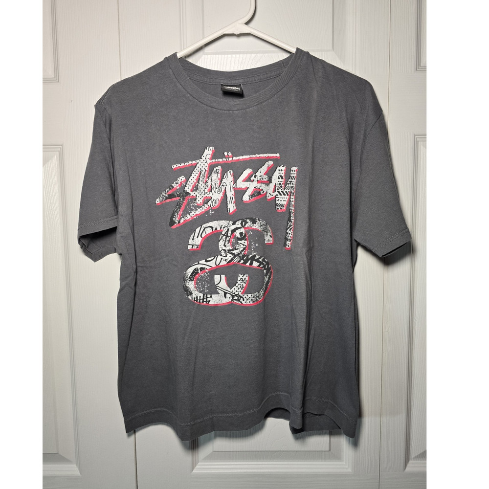Stussy Men's Gray Logo Graphic Crewneck Short Sleeve T-Shirt Size L