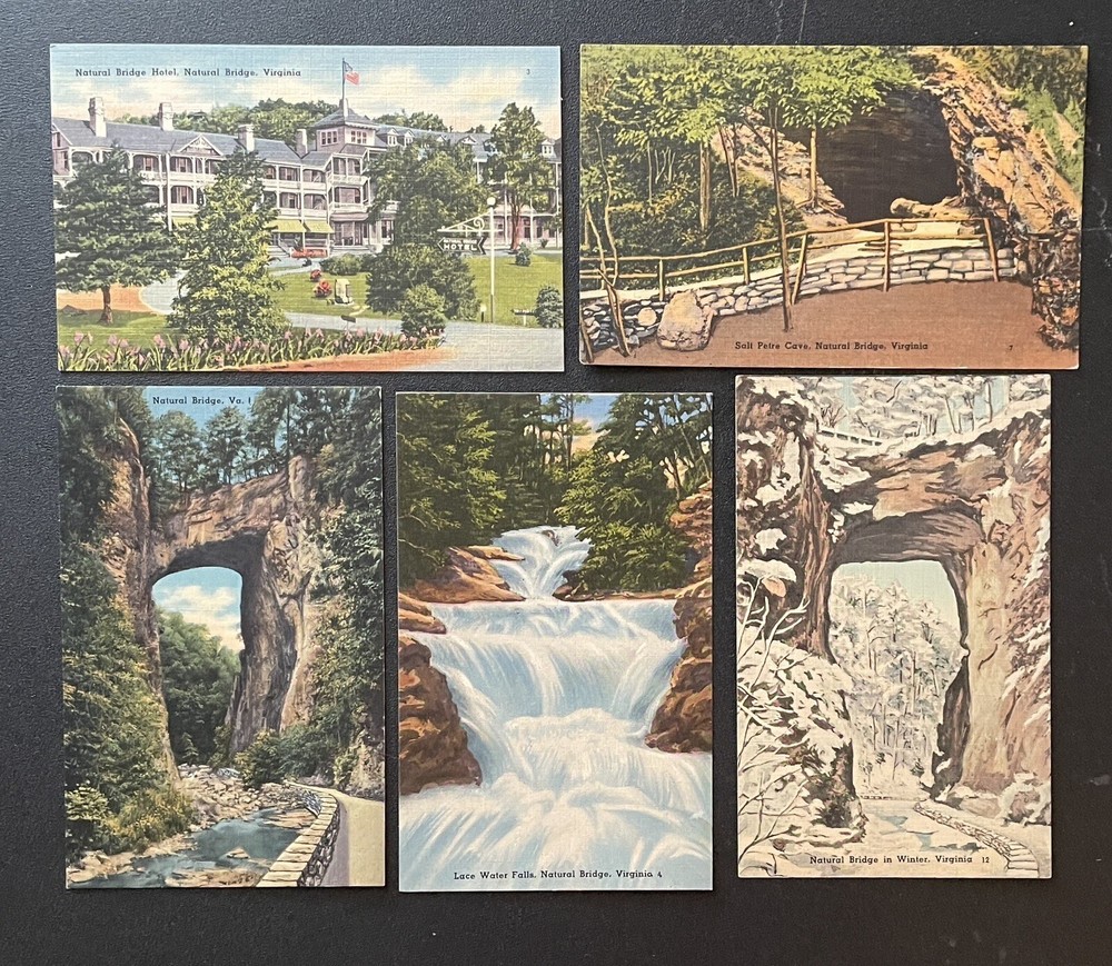 Natural Bridge Virginia Linen Postcard Lot of 5 Hotel Cave Falls Winter