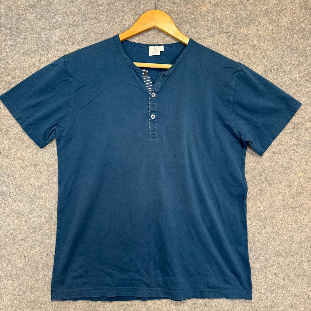 Sunspel England Henley Shirt Mens Large Cotton Blue Short Sleeve * Hole*