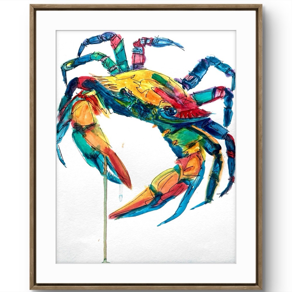 TITA PAINTZ Bold Color Blue Crab Handmade Watercolor 9x12 Paper Wall Art