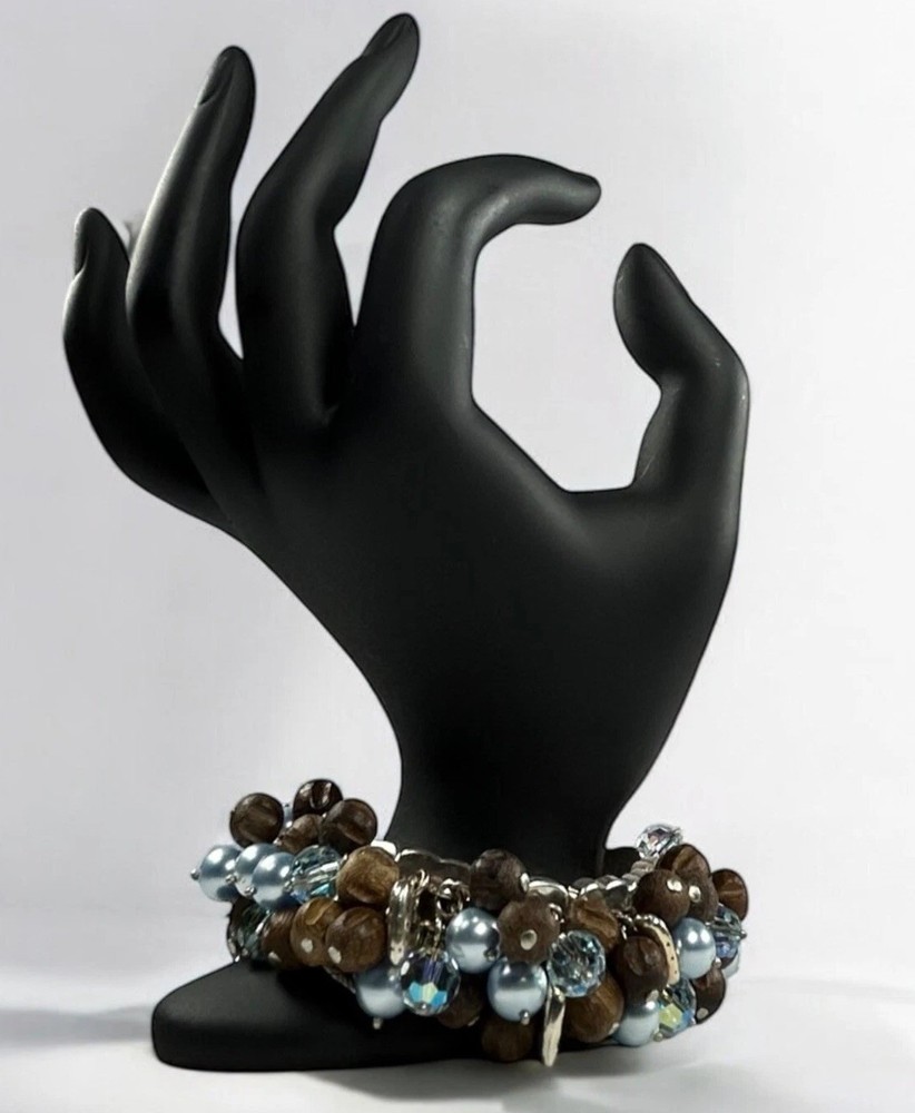 BRIGHTON Beaded Chunky Bracelet Statement Faux Blue Pearl Wood Glass Silver Tone