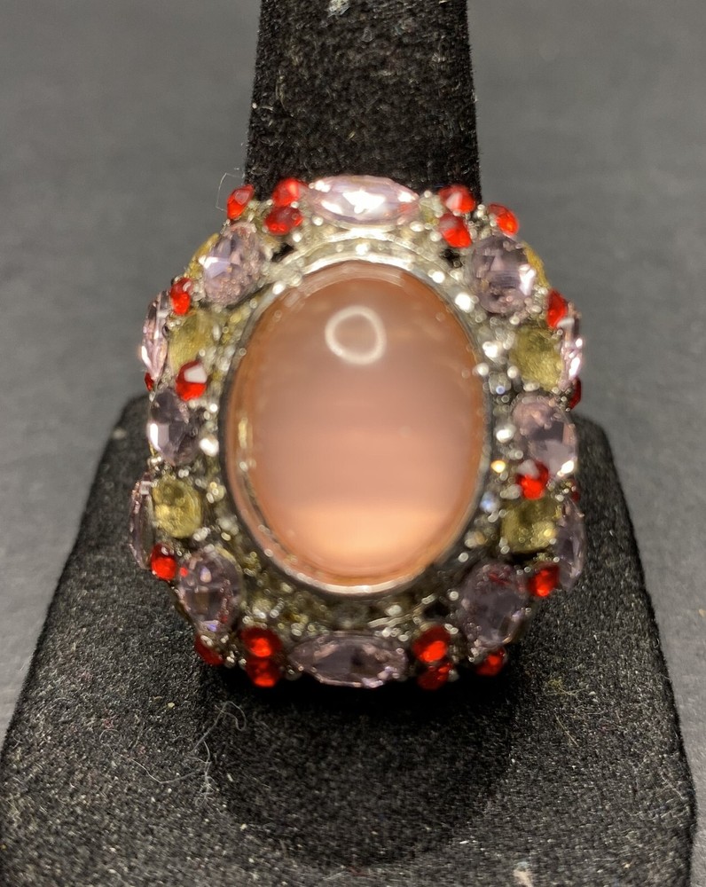 Vintage Estate Antique Silver Tone Rhinestone Cocktail Ring - Size 6