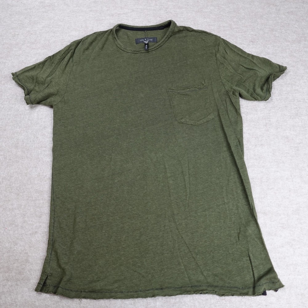 Rag & Bone Mens Shirt Large Green Olive Raw Hem 100% Linen