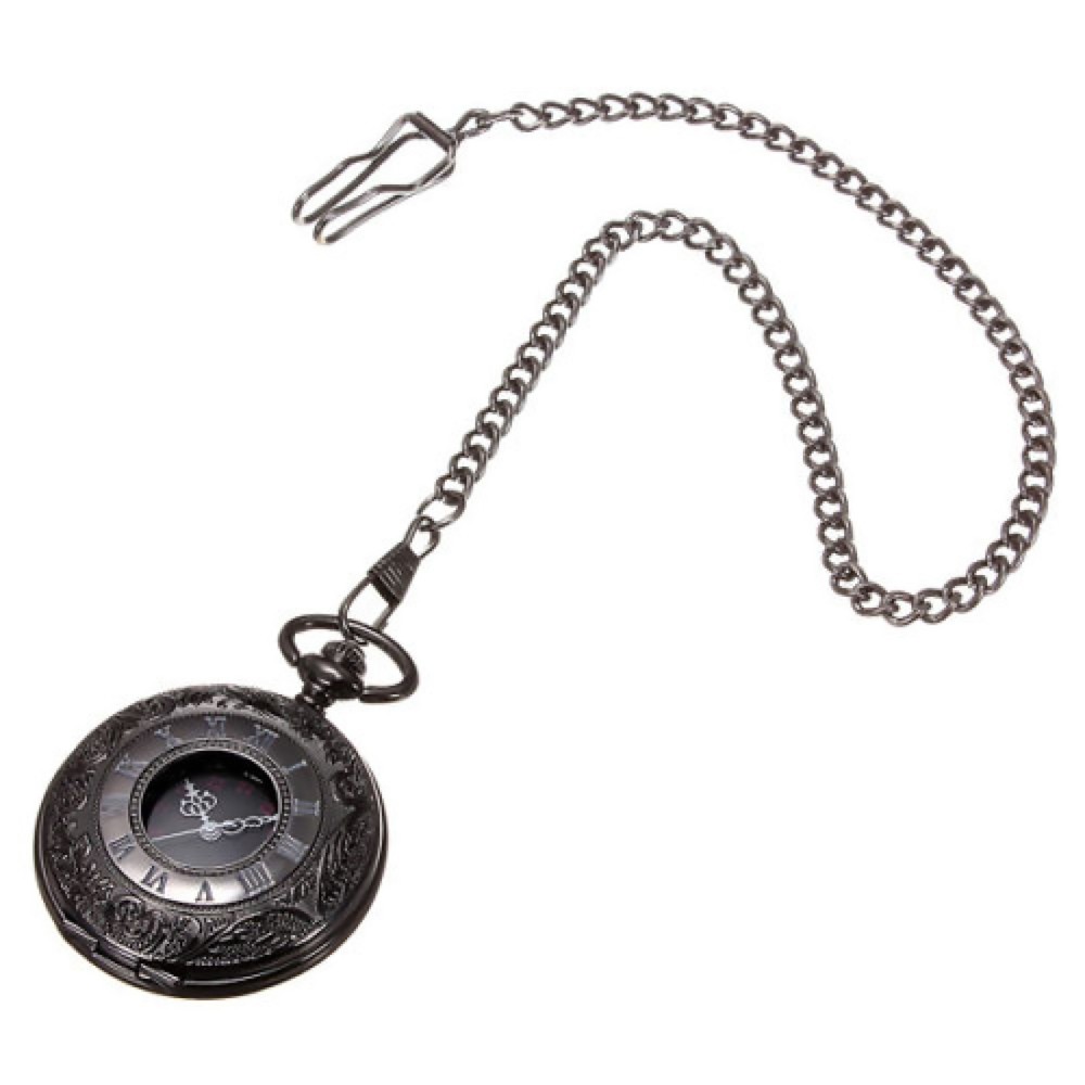 Vintage Steampunk Black Quartz Pocket Watch Necklace Chain
