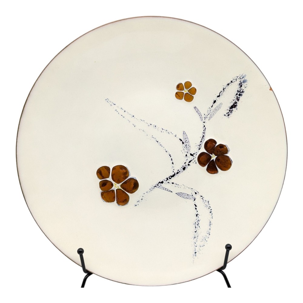 Vintage MCM Bovano Copper Plate with Amber Flowers and Abstract Blue Leaves 11