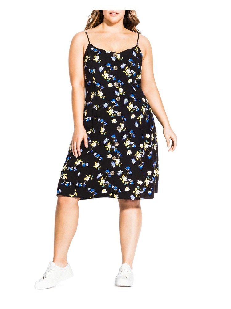 CITY CHIC Womens Black Button Front Lined Spaghetti Strap Dress Plus S\16