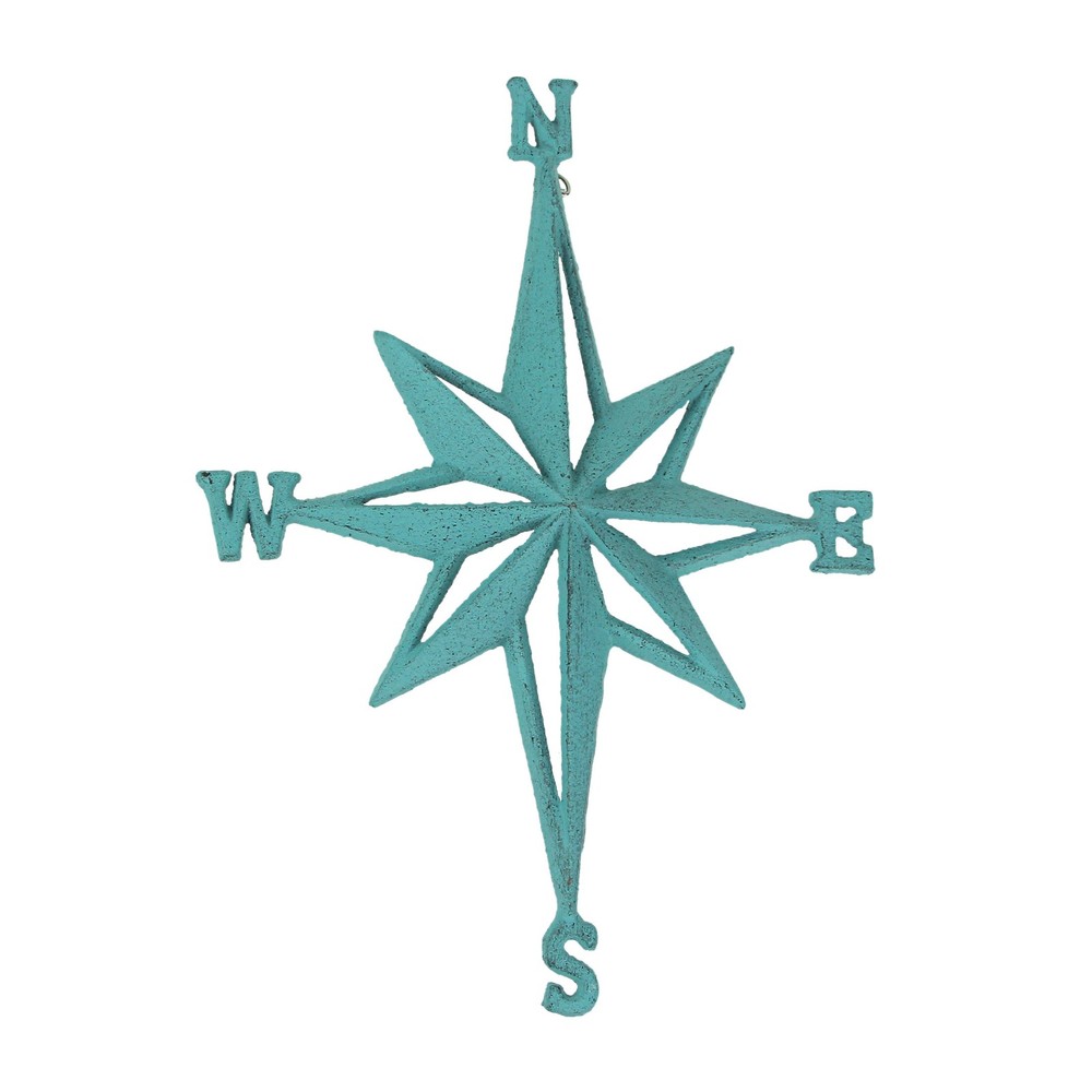 Turquoise Cast Iron Compass Rose Wall Hanging Sculpture Coastal Home Decor Art