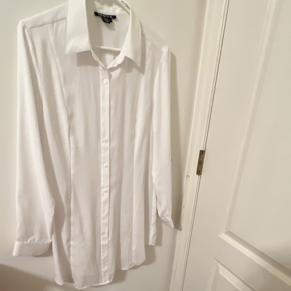 Tracy M. White Solid Satin Button-Up Collared Long Sleeve Blouse Women L