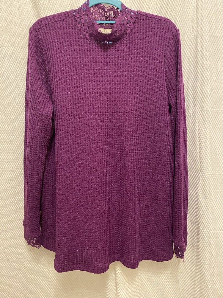LOGO by Lori Goldstein Metallic Waffle Knit Mock Neck Top w/ Lace Size L Grape