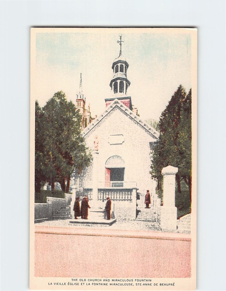 Postcard Old Church Miraculous Fountain Ste Sainte Anne de Beaupre Quebec Canada