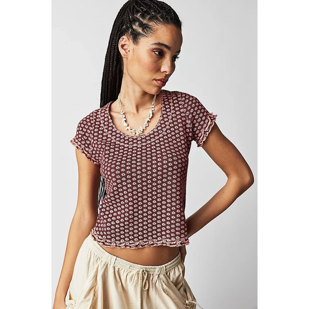 Free People Garner Tee Blouse Top Shirt Floral Ruffle Short Sleeve XS NWD 285467