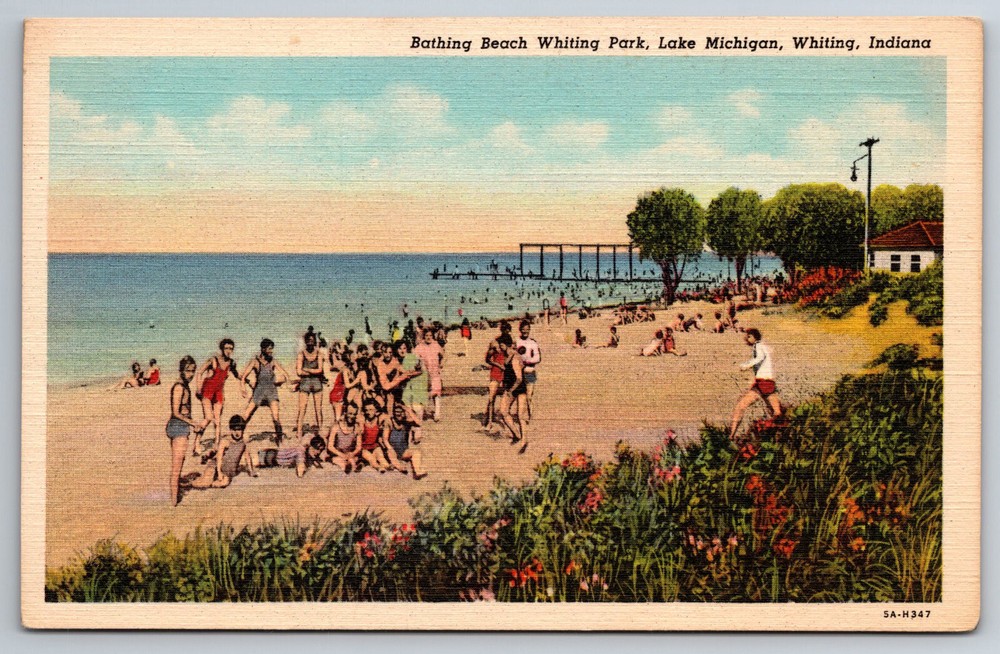 Vintage Postcard IN Whiting Park Bathing Beach Lake Michigan Linen ~7489