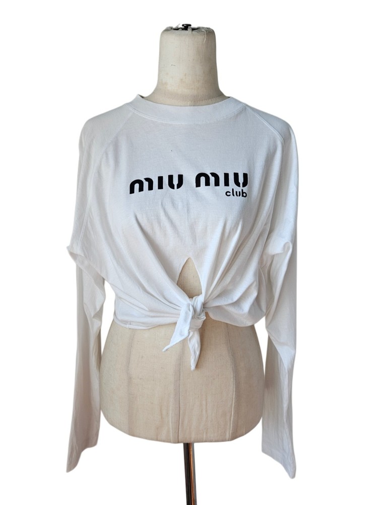 Miu Miu White Long Sleeve Printed Tie Knot Crop Top