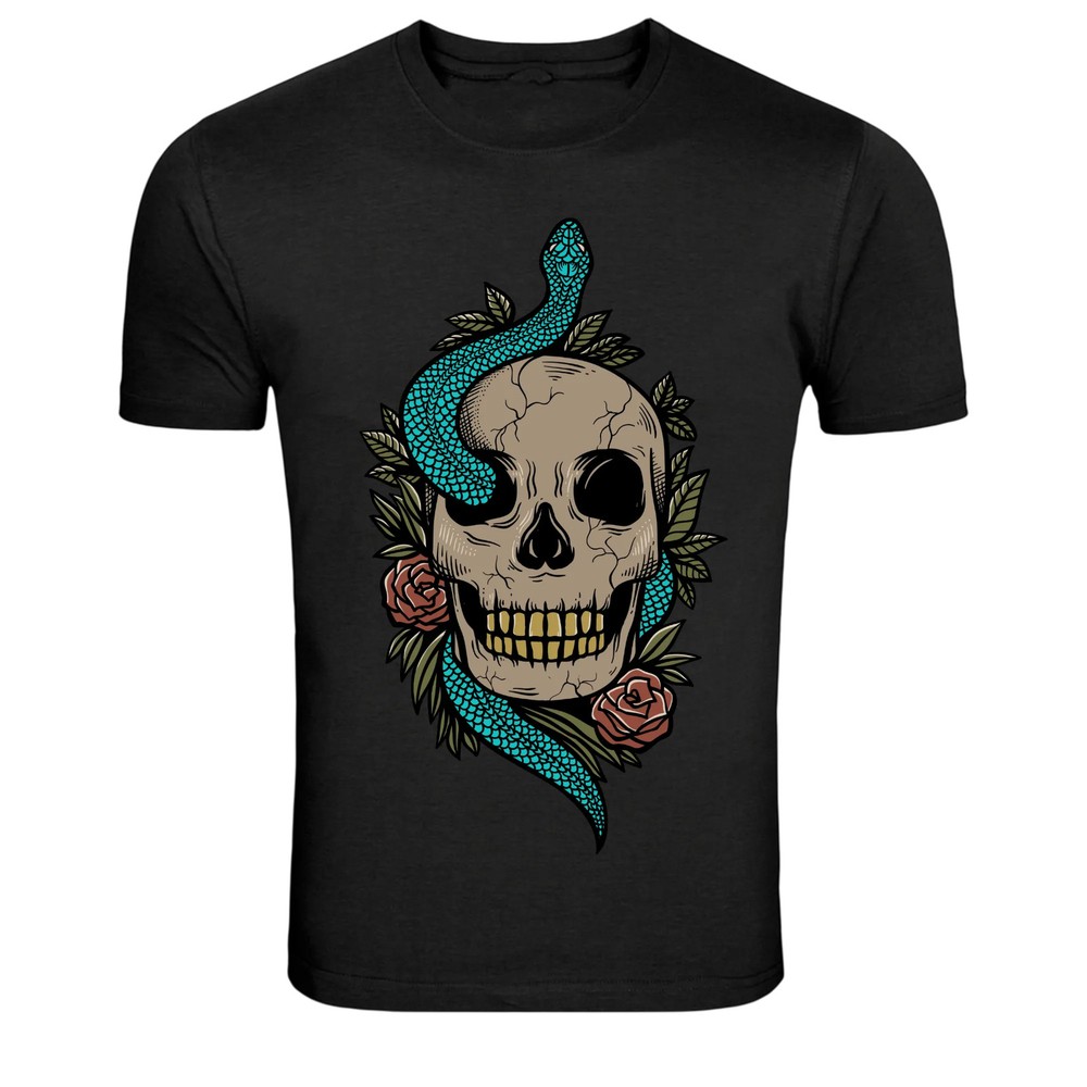 Skull With Blue Snake Tattoo Style Graphic T-Shirt