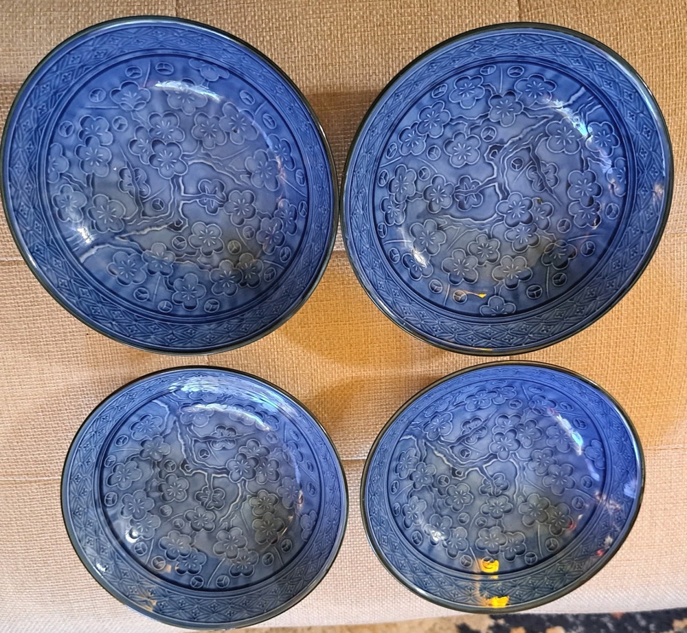 Vintage 4 -piece CHERRY BLOSSOM Blue Small Dishes- Rice Bowls 5 in