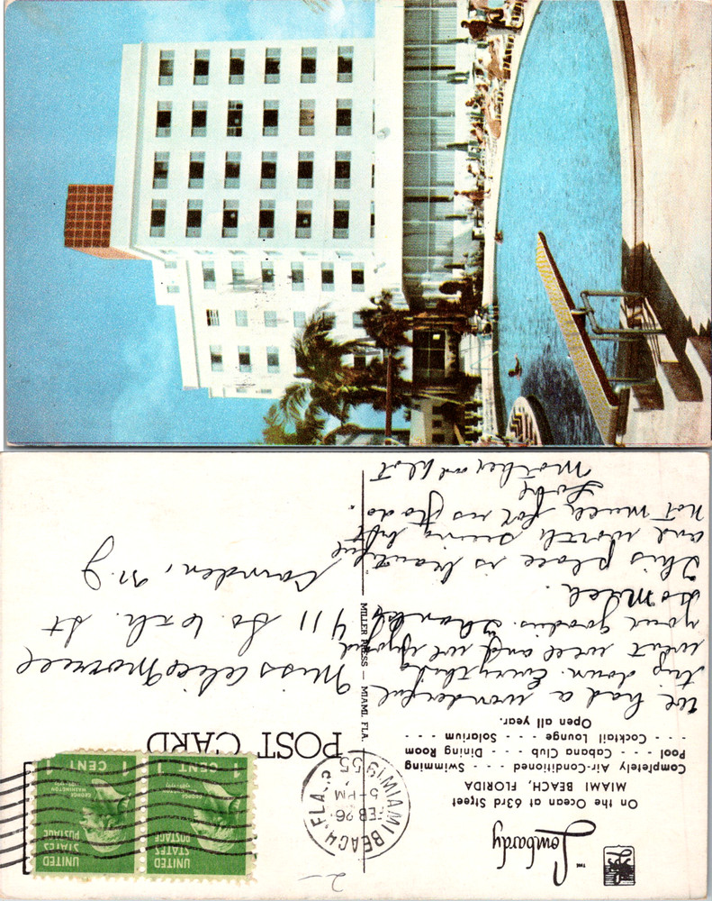Vintage Postcard Lombardy Hotel Swimming Pool Miami Beach Florida FL 1955