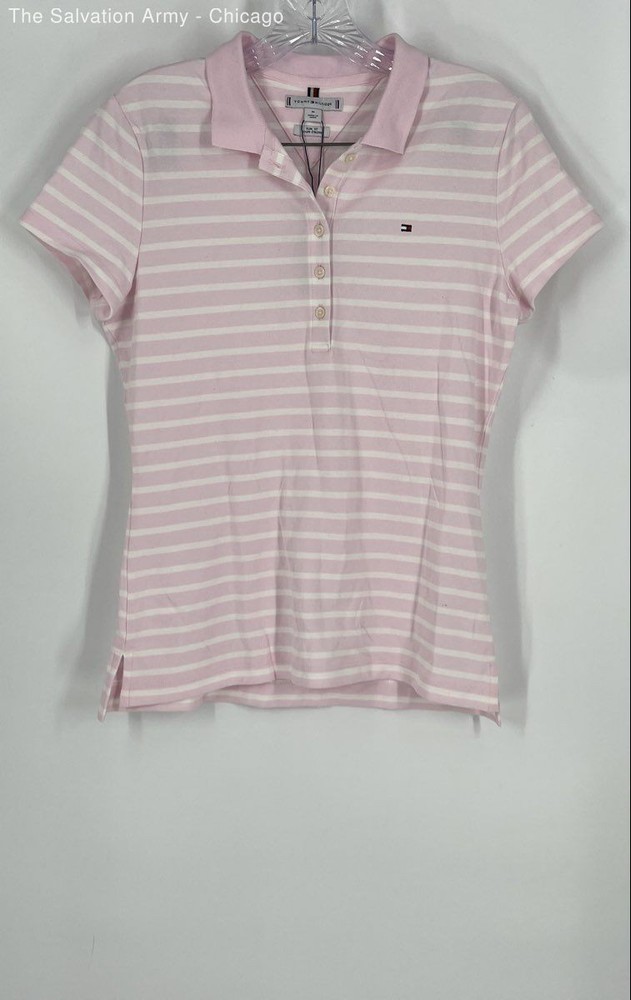 Tommy Hilfiger Womens Pink White Striped Collared Slim-Fit Polo Shirt Size M