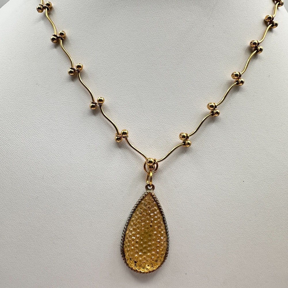 Vintage Y2K Yellow Crystal Teardrop Pendant Necklace Gold Tone Statement Jewelry