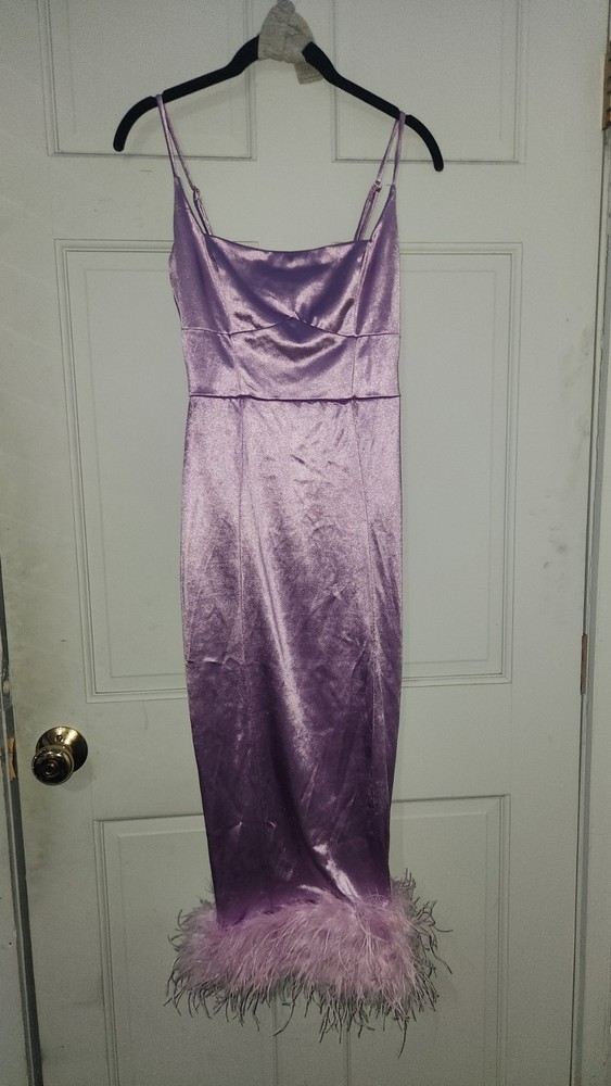 Long Feathered Pink Barbie Dress With Zipper Back And Small Back Slit