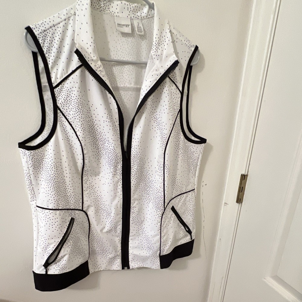 Zenergy by Chico's Polka Dot Full Zip Vest Jacket White/Black Size 2