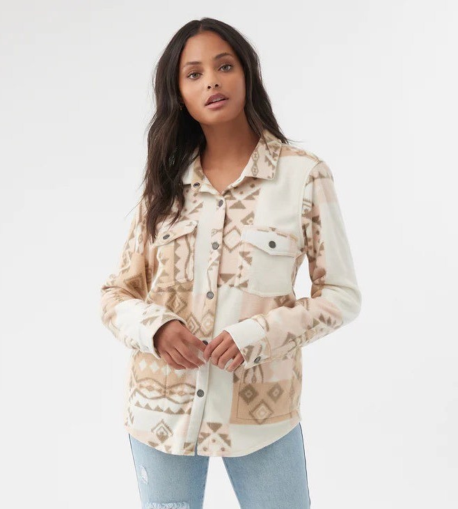 O’NEILL Zuma Superfleece Flannel Sz S Cream Pink Grey Aztec Print Button Down