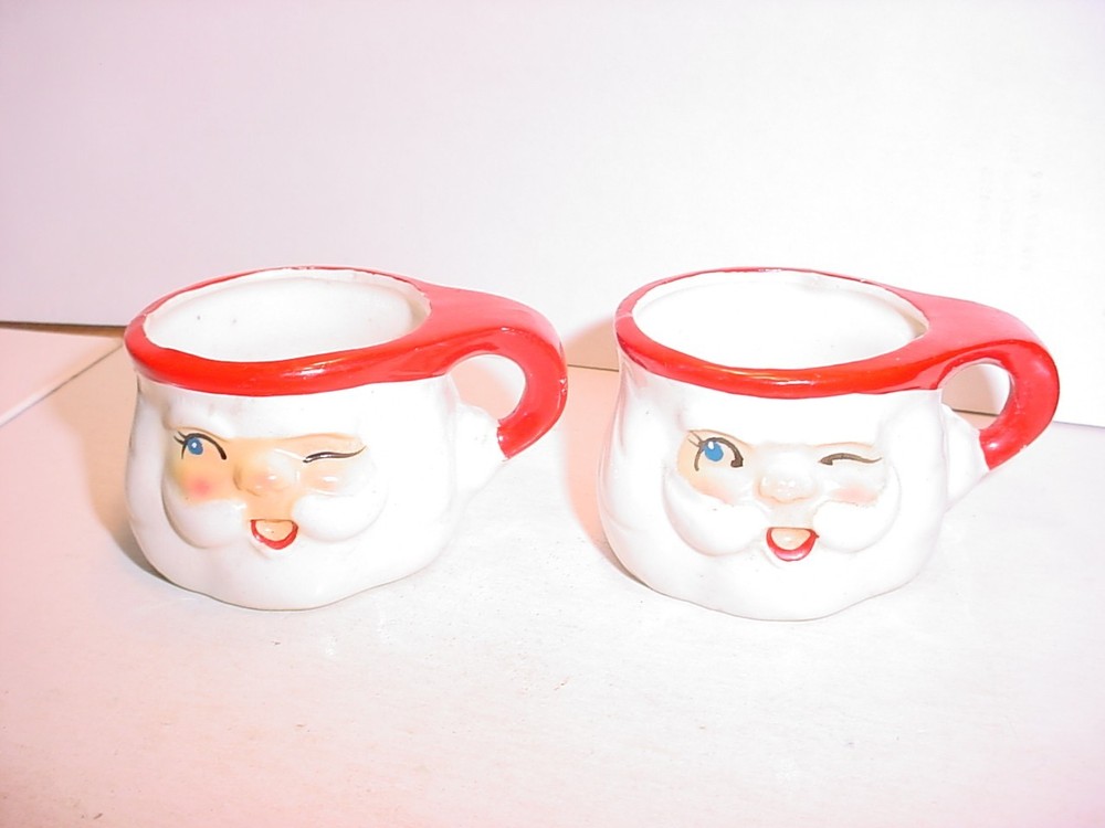 2 vintage Winking Santa MINI Mug Mugs Holt Howard Ceramic Japan MCM
