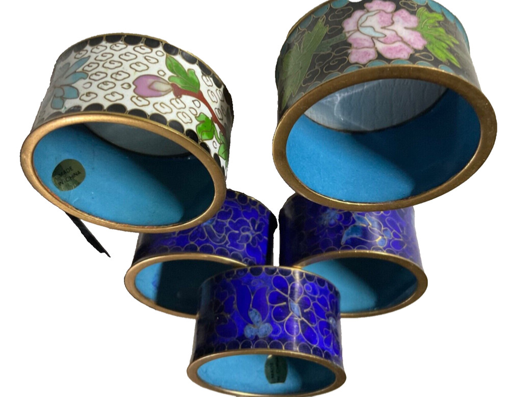 Set Of 5 Vintage Cloisonne Brass  Napkin Rings
