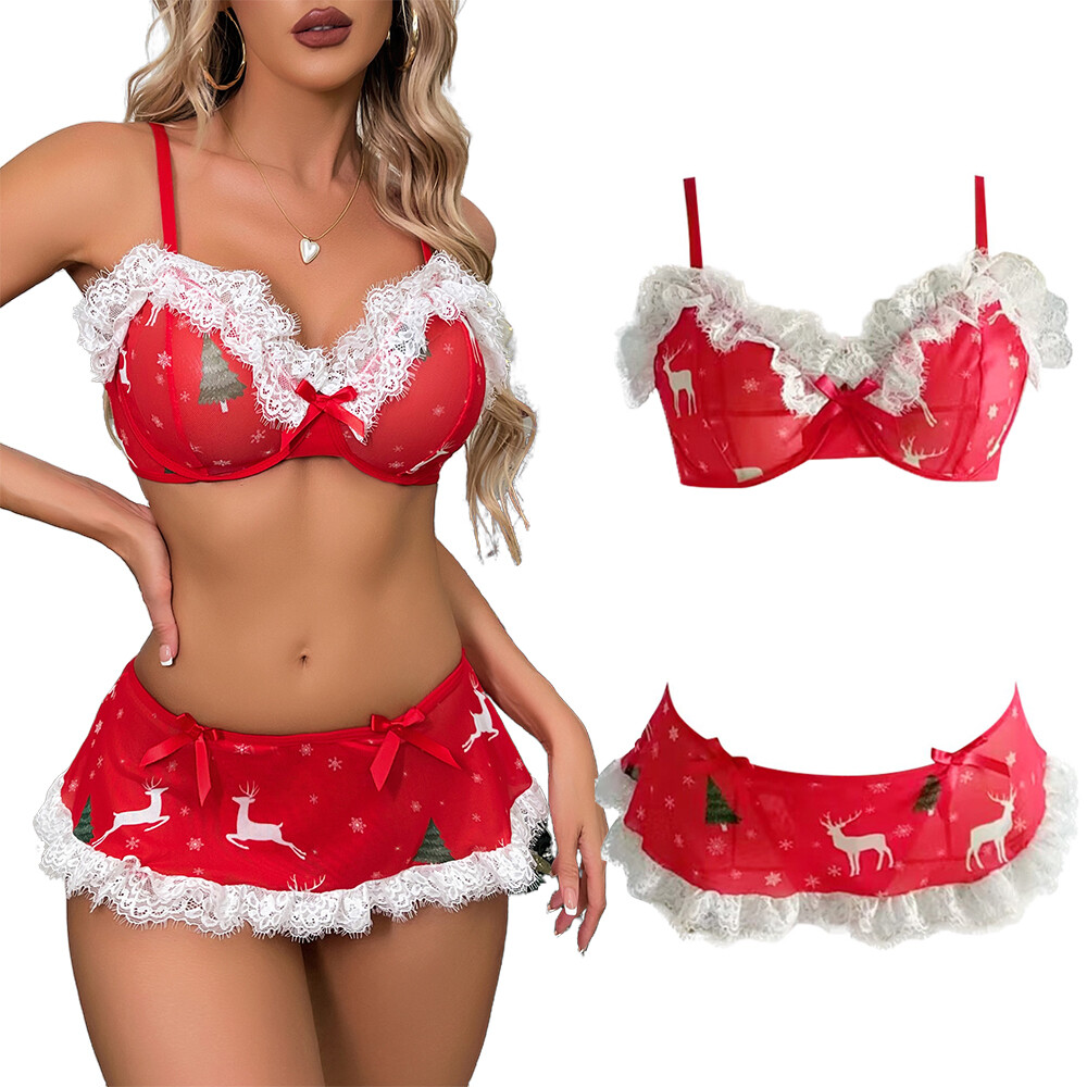 Christmas Red Bowknot Floral Lace Underwear 2 Pieces Lingerie Thong Set Babydoll