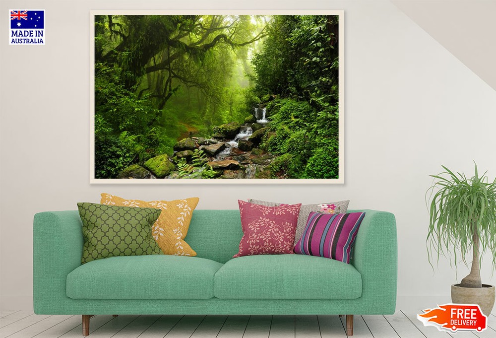 (Laminated) Waterfall In Forest Photograph 91x61cm