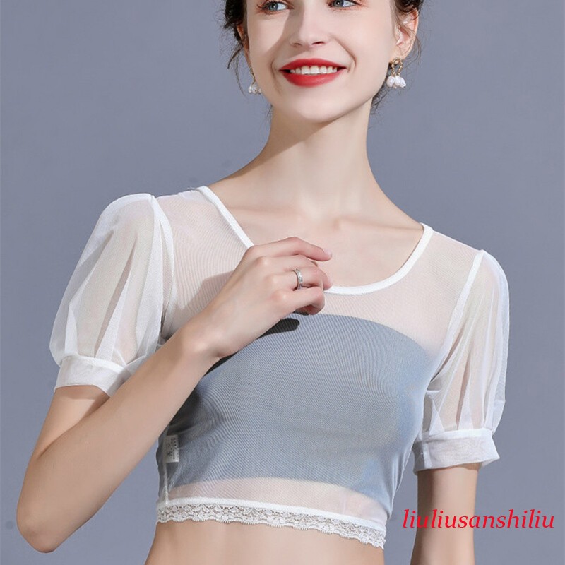 Ladies Crop Top Mesh Shirt Lace Edge Blouse See Through Puff Sleeve Casual Party