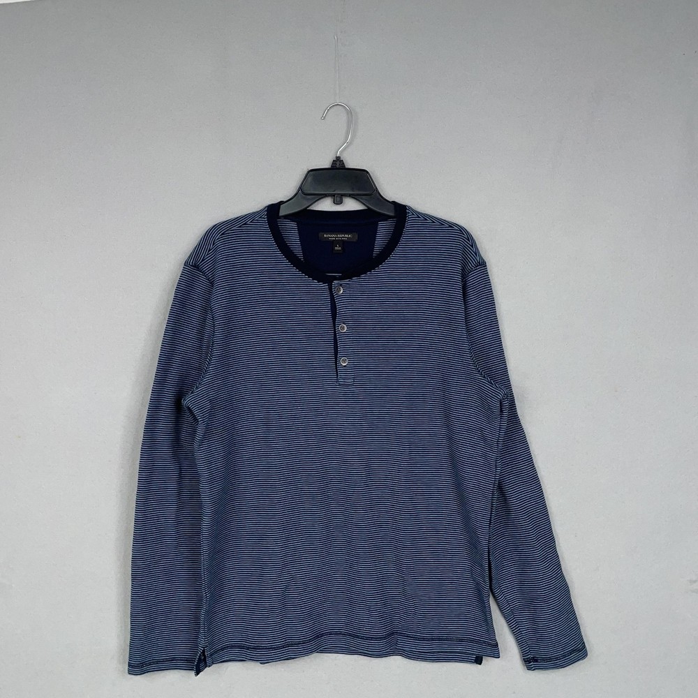 Banana Republic Shirt Mens Large Blue Striped Pima Henley Long Sleeve Casual
