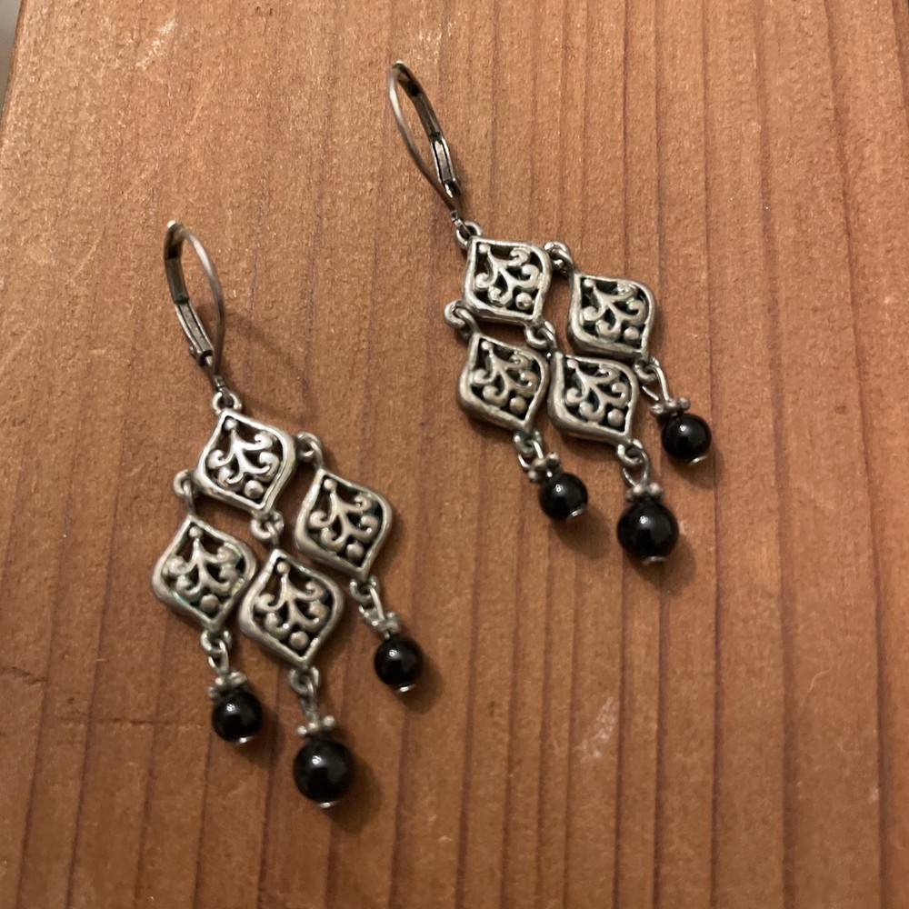 Vintage Dangle Earrings Black Beaded silver Plated Boho Swirl