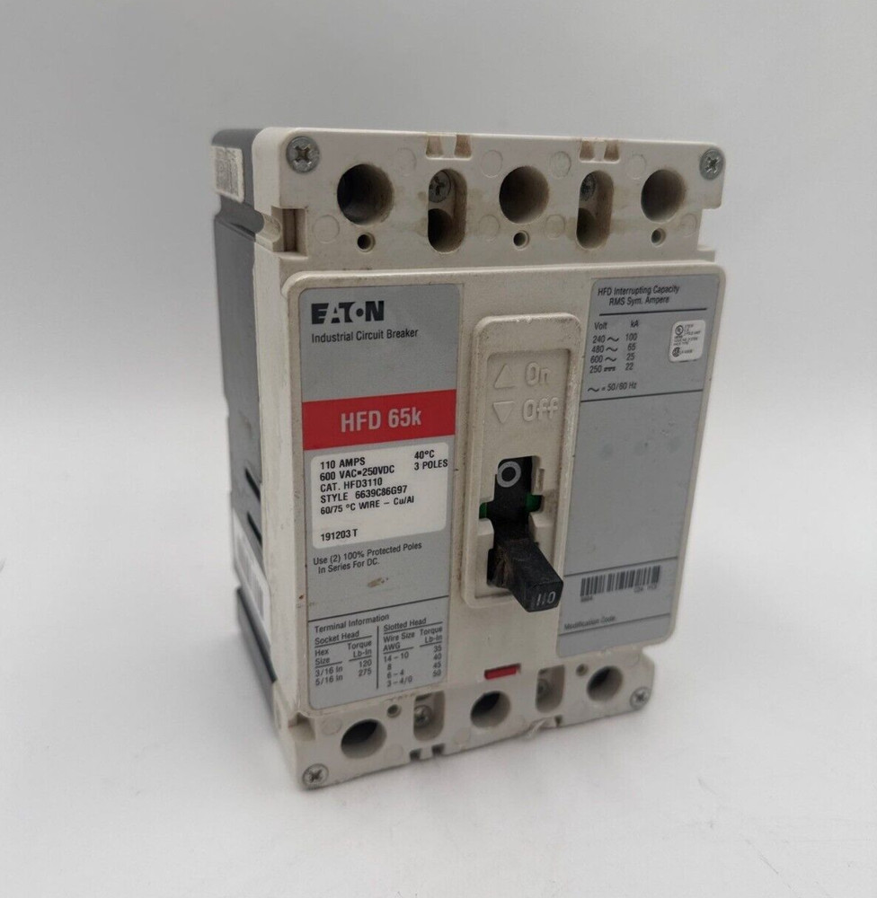 Eaton HFD3110 Circuit Breaker 110A 3P 600V 3PH HFD 65k 110 Amp 3 Pole Used