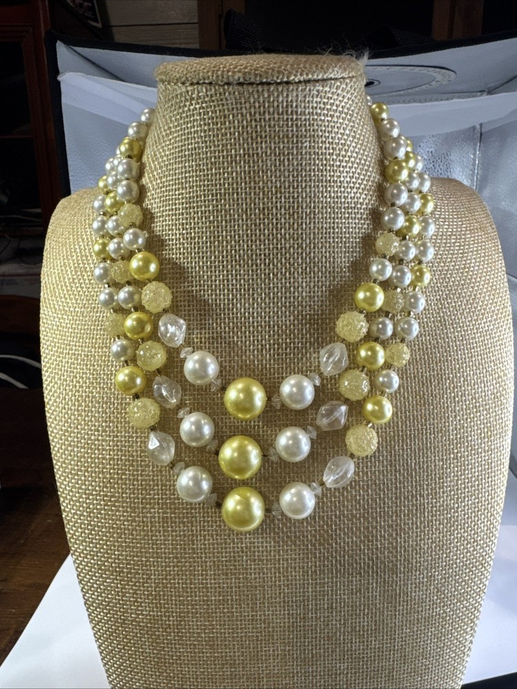 Vintage Signed Japan Triple Strand Yellow & White Beaded Costume Necklace