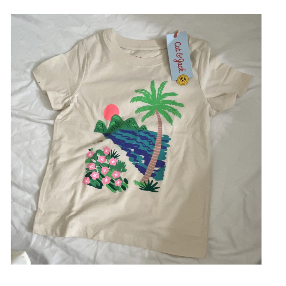 Cat & Jack Girls Ivory Tropical Graphic Short Sleeve Crew Neck T-Shirt 3T