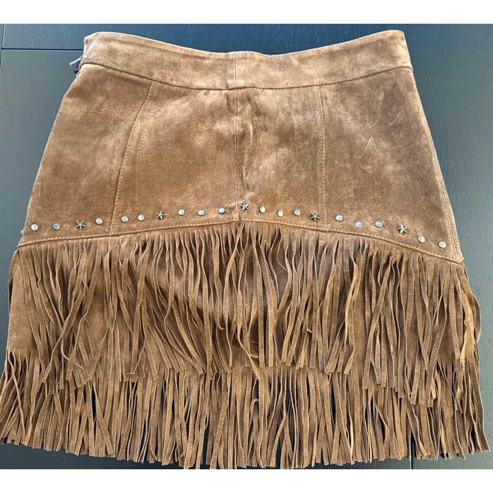 Zara Western Studded Fringe Leather Mini Skirt Brown Cowgirl Womens XS