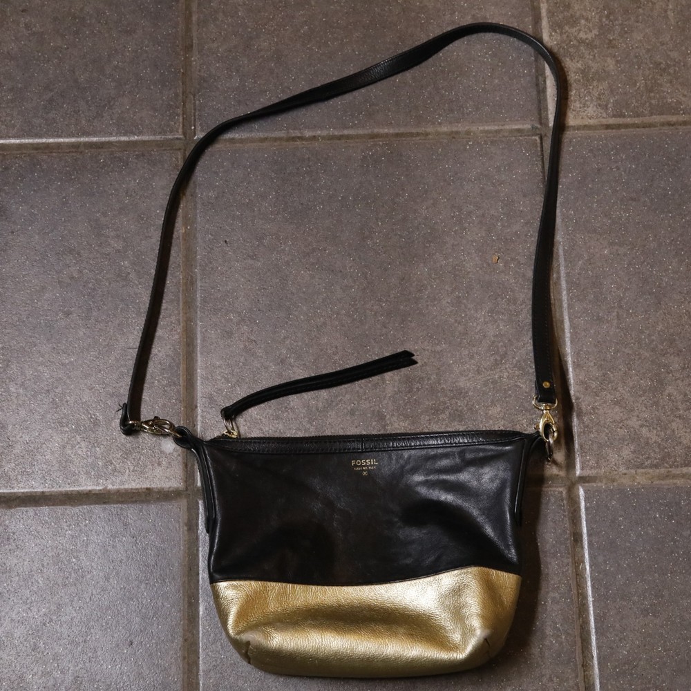 Fossil Stanley 1954 Black & Gold Leather Elegant Crossbody Clutch Bag