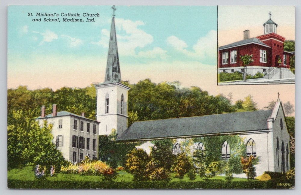 St. Michael's Catholic Church & School Madison Indiana Linen Postcard c1930s