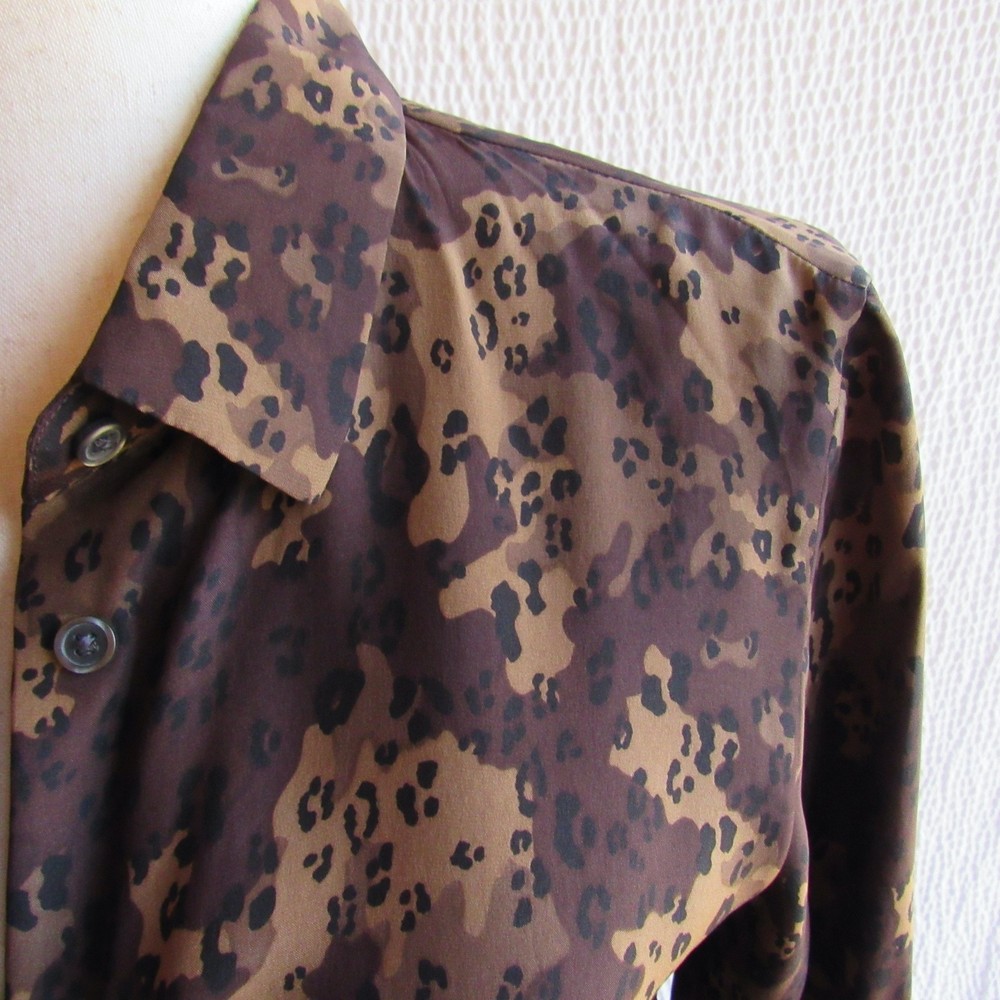 Carine Roitfeld Silk Shirt Top Blouse S Brown Animal Print Long Sleeve Buttons