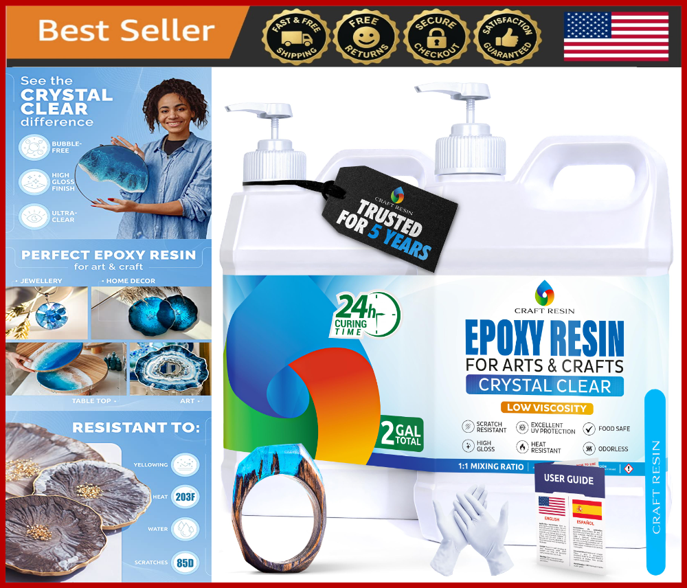 2 Gal Crystal Clear UV-Resistant Epoxy Resin Kit for Art Wood Jewelry Molds Coasters