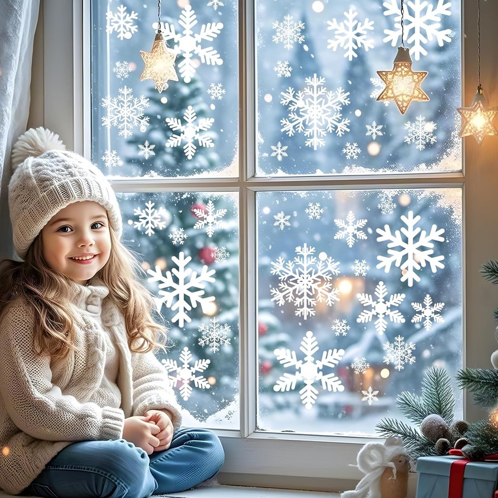 144 Pcs Christmas Window Clings for Glass Windows - 8 Sheets Static Snowflake