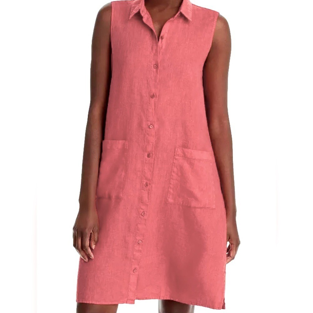Eileen Fisher Garment-Dyed Organic Linen Classic Collar Dress size Large