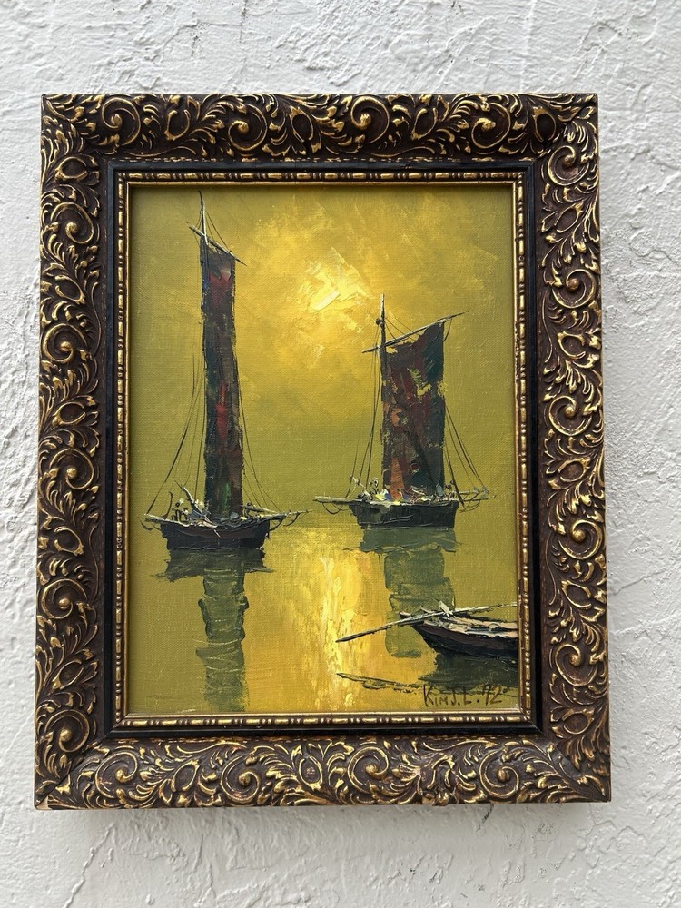 Mid-Century Modern palette knife oil painting Asian Junk Boats 1972 Kim J.L