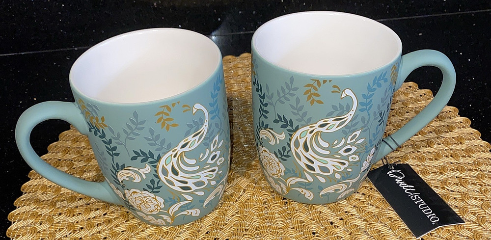 Dwell Studio Set of 2 Soft Touch Coffee Mugs Peacock Floral Gold Accent 18oz New