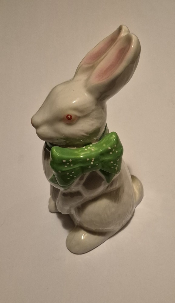 Vintage Porcelain Easter Bunny Rabbit Green Bow Pink Eyes