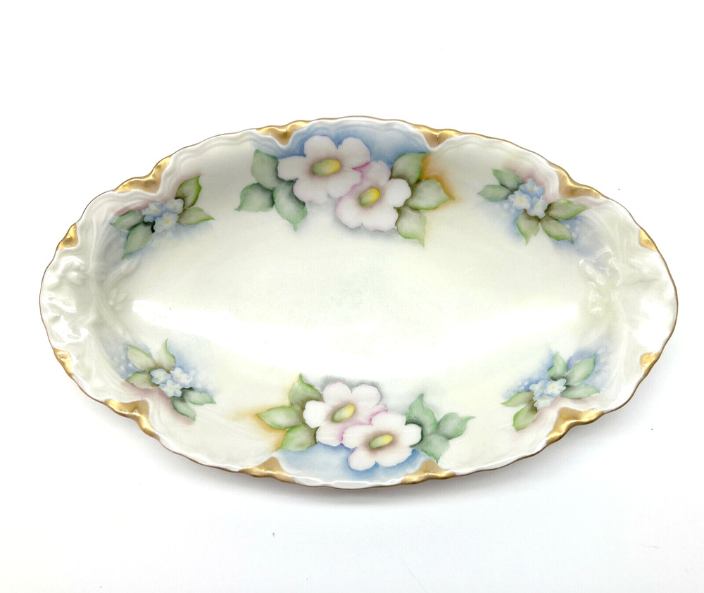 Hutschenreuther Selb Bavaria Hand Painted Floral Gold Gilt Celery Serving Dish