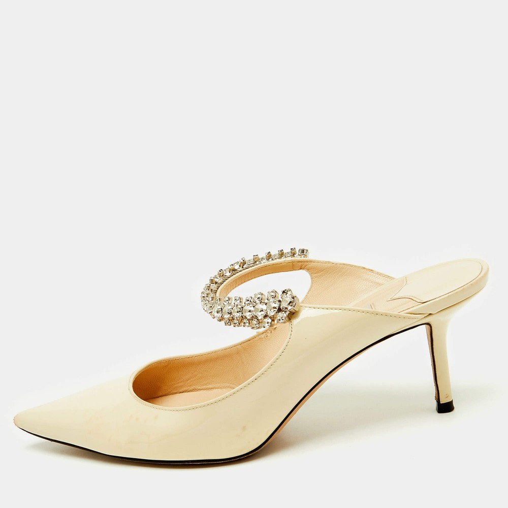 Jimmy Choo Beige Patent Leather Bing Crystal Embellished Pointed Toe Mules Size