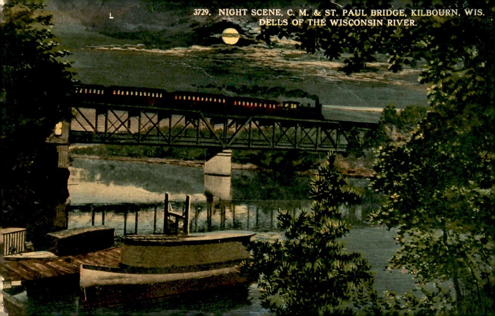 Night Scene, C. M. & St. Paul Bridge, Kilbourn, Wisconsin Dells Postcard